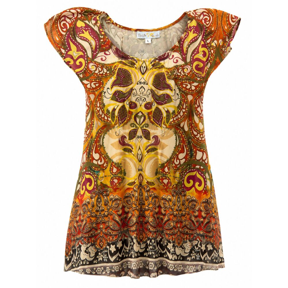 Unity World Wear Large Boho Paisley Sheer Blouse Beaded Lace Trim